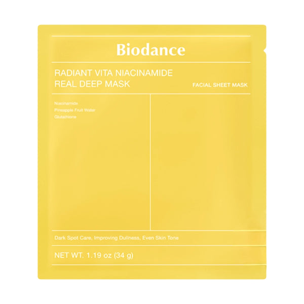 Hidrogela maska ar niacinamīdu mirdzuma piešķiršanai ādai Biodance Radiant Vita Niacinamide Real Deep Mask