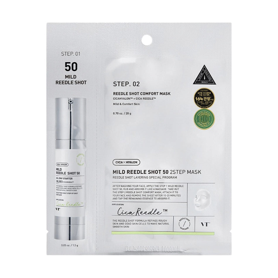 Maiga divu tekstūru maska ar mikroadatām VT Cosmetics Mild Reedle Shot 50 2 Step Mask