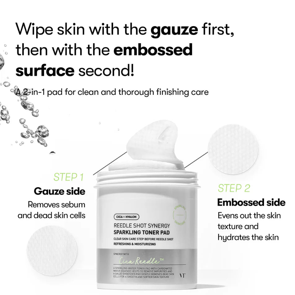 Ādu atjaunojoši spilventiņi ar gāzētu ūdeni VT Cosmetics Reedle Shot Synergy Sparkling Toner Pad
